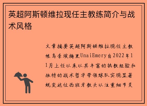 英超阿斯顿维拉现任主教练简介与战术风格