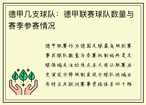德甲几支球队：德甲联赛球队数量与赛季参赛情况