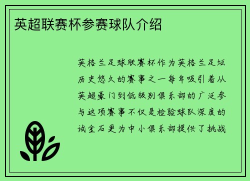 英超联赛杯参赛球队介绍